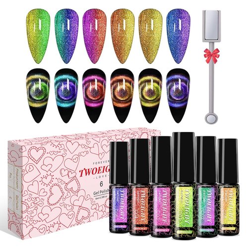 TWOEIGHT Cat Eye Gel Nail Polish, Magnetic 9D Cat Eye Gel Polish Set, 8ml*6 with 1Magnets, Classic Colors Chameleon Magic Galaxy Effect Soak off Nail Art - Sparkle Stunning Gel Polish Gift for Women