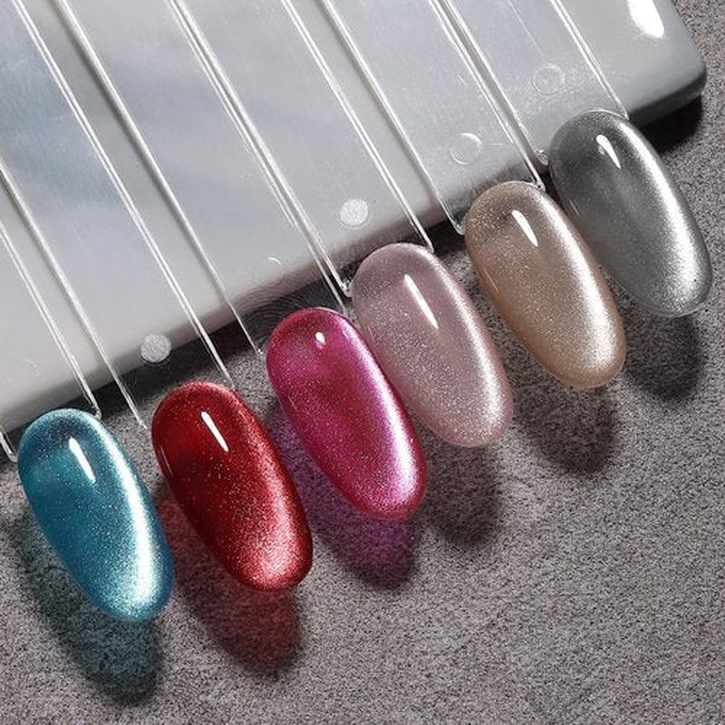 Fcozpjk Cat Eye Gel Nail Polish, Sparkle Glitter Cat Eye Gel Nail Polish Set with Magnet Stick Top & Base Coat, Pink Wine Red Blue Silver Cateye Nail Gel Kit Salon Gel Manicure Supplies 6 Colors