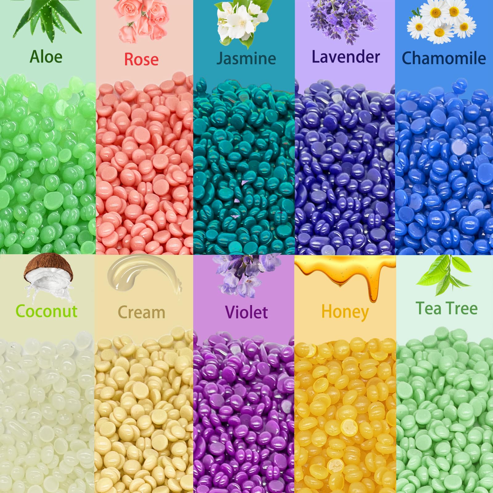 Bouvetan Wax Beads for Hair Removal, 1.3Lb/21oz 6 Packs Hard Wax Beans for Eyebrow, Face, Bikini, Legs, Arms, Full Body Waxing with 10pcs Wax Spatulas