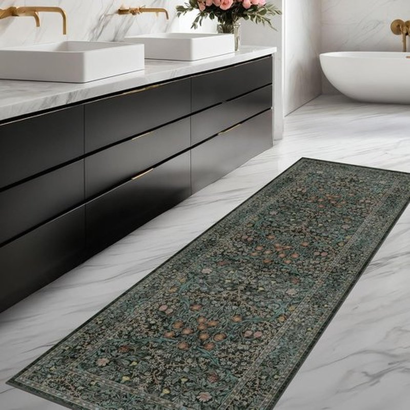 Skiennix Non-Slip Kitchen Runner Rug - Washable Dark Green Boho Floral Design | 2x6 Feet Soft Carpet