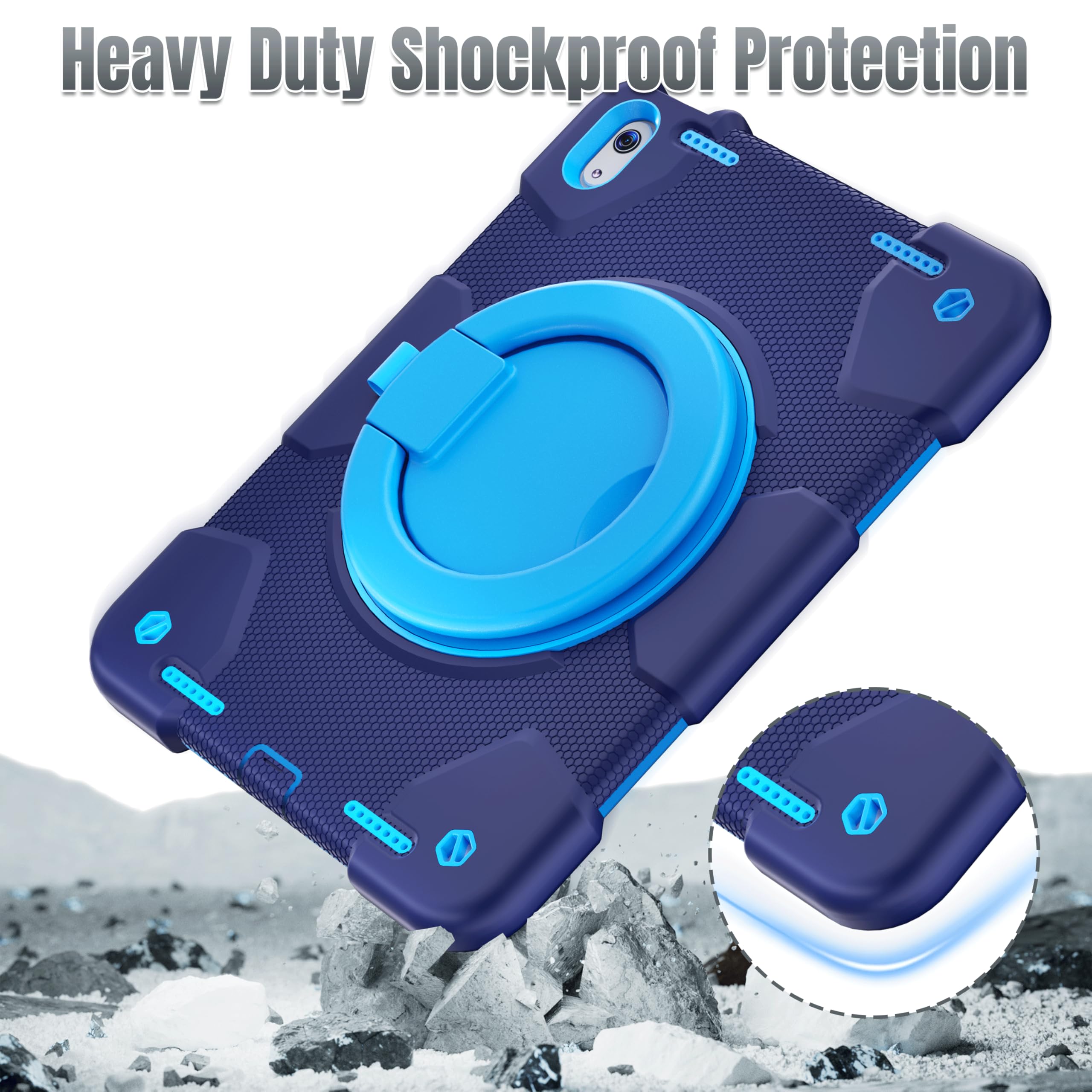 Andnary Case for iPad (A16) 11th/10th Generation 11/10.9 Inch 2025/2022 with Screen Protector/360° Rotate Stand/Shoulder Strap/Pencil Holder, Shockproof iPad 11th/10th Gen Cover (Navy+Blue)