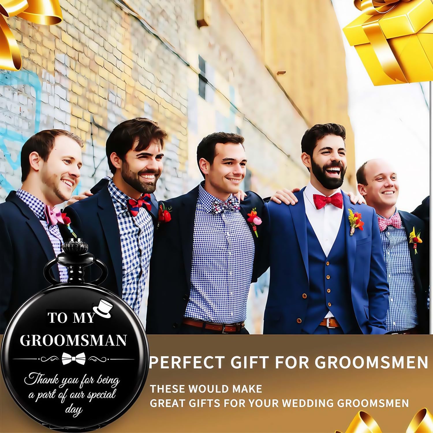 Afcrho Groomsmen Gifts Set of 4 Wedding Engraved Pocket Watch Best Man Roman Numerals Quartz Pocket Watch Wedding with Chain