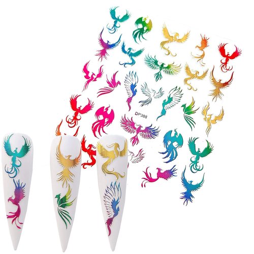NAIL ANGEL 12Sheets Nail Art Adhesive Sticker Sheets Gold and Rainbow Color Dragon Peacock Phoenix Shapes Nail Art Decoration 10257