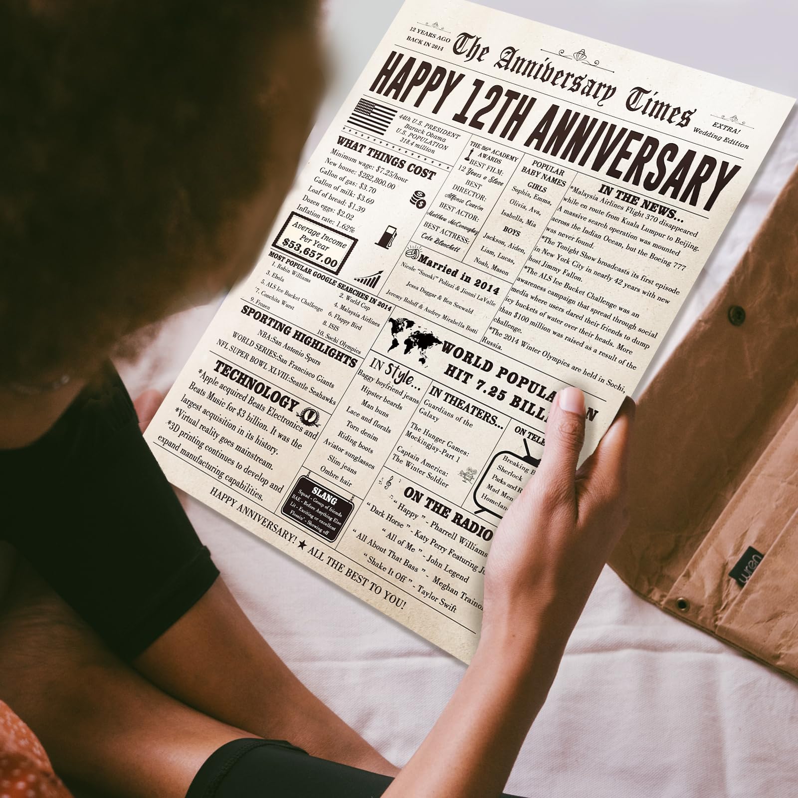 FANCYLUCKY Big 12 Year Anniversary Card Gifts for Him Her, Retro 12th Wedding Anniversary Card for Husband Wife, Silk Anniversary Together Gift