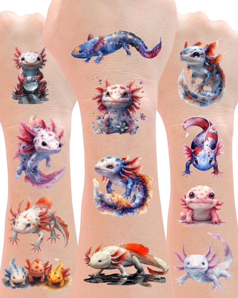 YanZonic 156Pcs Axolotl Temporary Tattoos - Cute Axolotl Tattoos Stickers for Axolotl Birthday Party Decorations Supplies, 20 Sheets