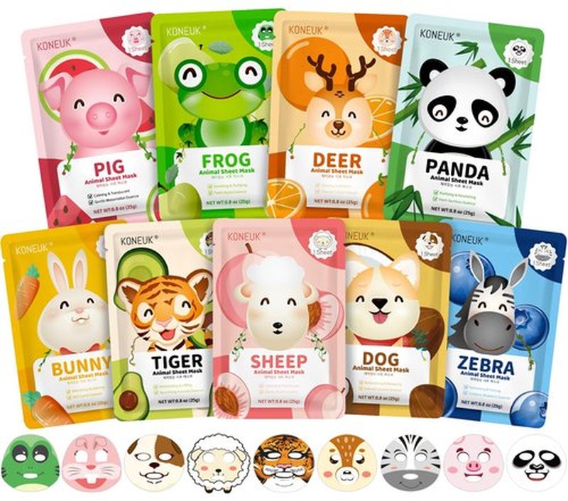 KONEUK 9 Pack Animal Face Masks Skincare for Kids, Bulk Sheet Hydrating Face Mask for Kids Skin Care, Collagen Face Mask for Teens Women, Easter Basket Stuffers, Spa Party Gifts for Teen Girls