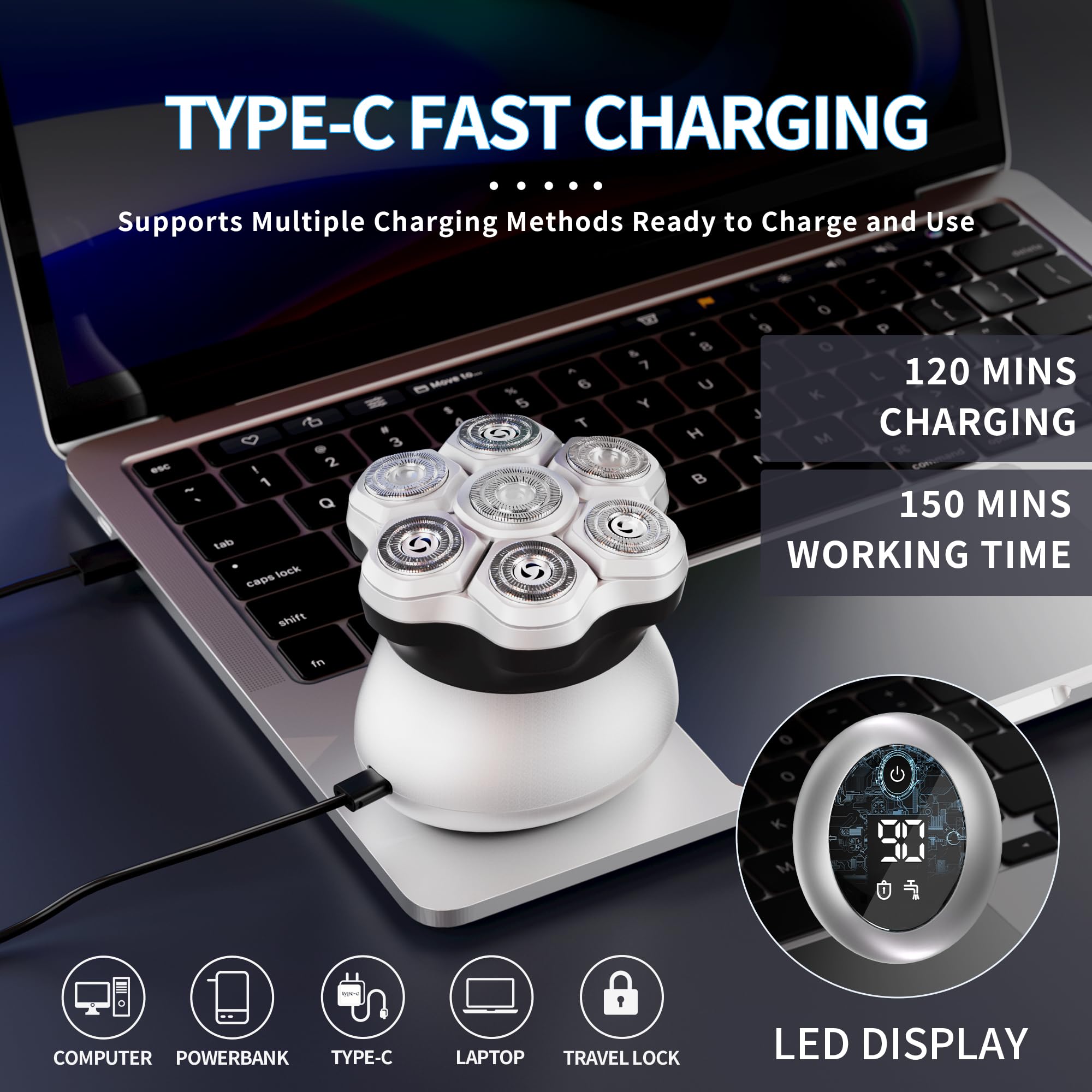 KOMINGDON Head shavers for Bald Men,Upgraded 7D Bald Head Electric Razors,-IPX6 Waterproof Dry Wet Rotary Shavers/Razor for Balder with an Extra agnetic Head（White）
