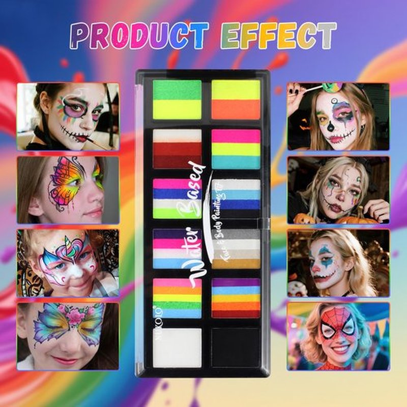 Face Paint Kit for Adults – 12 Color Rainbow Split Cake Face Painting Kit with 4 Brushes, Water Activated Face Paint Palette, Professional Facepaint Makeup Set for Halloween Cosplay Parties