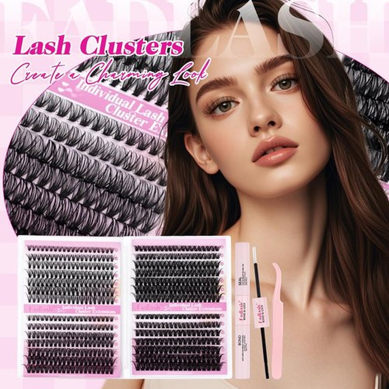 FADLASH Lash Clusters Kit 560Pcs Eyelash Clusters Kit 8-16mm Individual D Curl Cluster Eyelash Extensions with Lash Bond and Seal Lash Tweezers (30D+40D+50D+60D Kit 8-16mm)