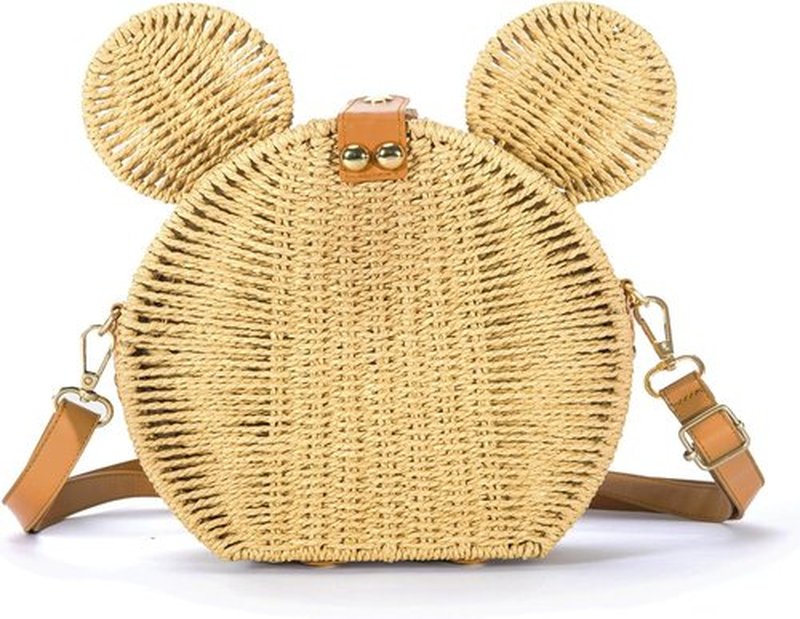 Skiennix Round Rattan Straw Bag - Handmade Wicker Purse with Cute Mouse Ears | Stylish Crossbody Handbag