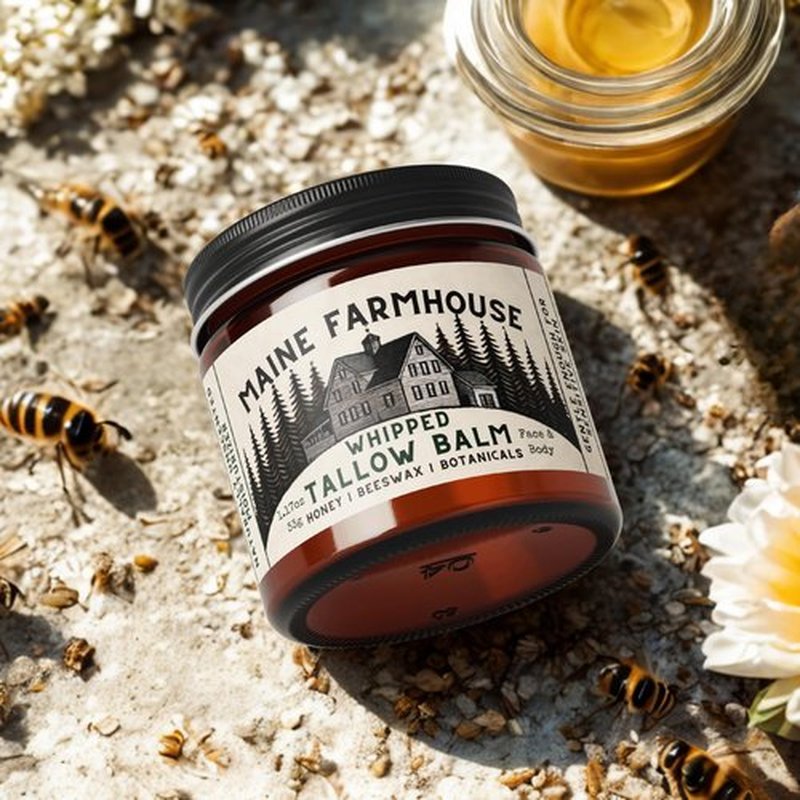 Maine Farmhouse Whipped Beef Tallow for Skin | Unscented Body Butter | Natural Face and Body Moisturizer | Honey, Beeswax and Botanicals | 2 fl oz