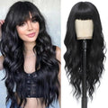 MINLEE Black Wig with Bangs for Women 26 Inch Long Wavy Wig Natural Black Hair Wigs Heat Resistant Synthetic Wig for Daily Party Use
