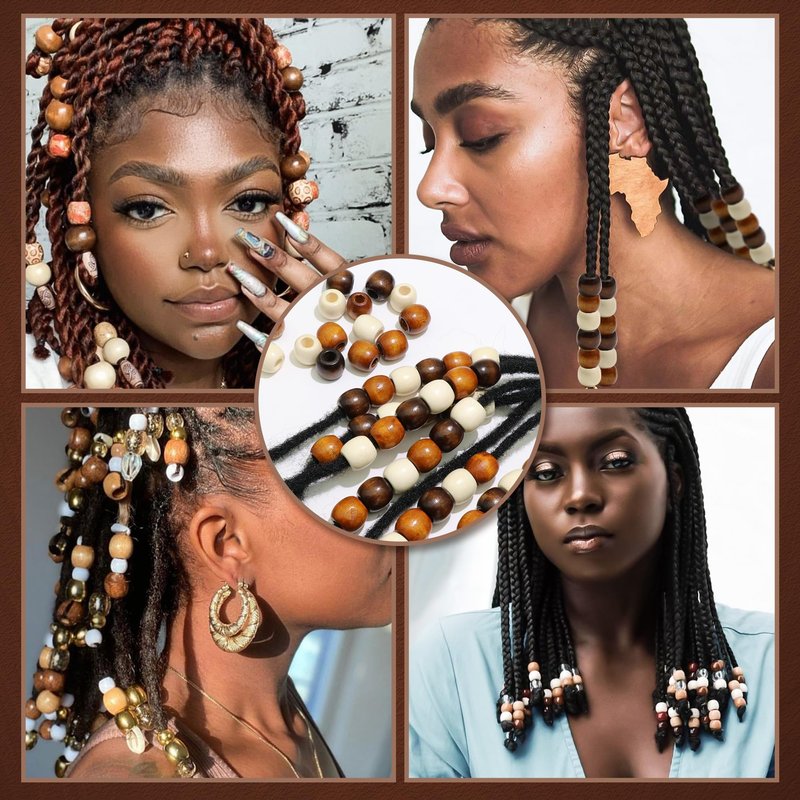VENOFEN 60PCS Hair Beads Large Hole Wooden Bead Dreadlock Decoration Mixed Color Loc Hair Accessories for Women and Men