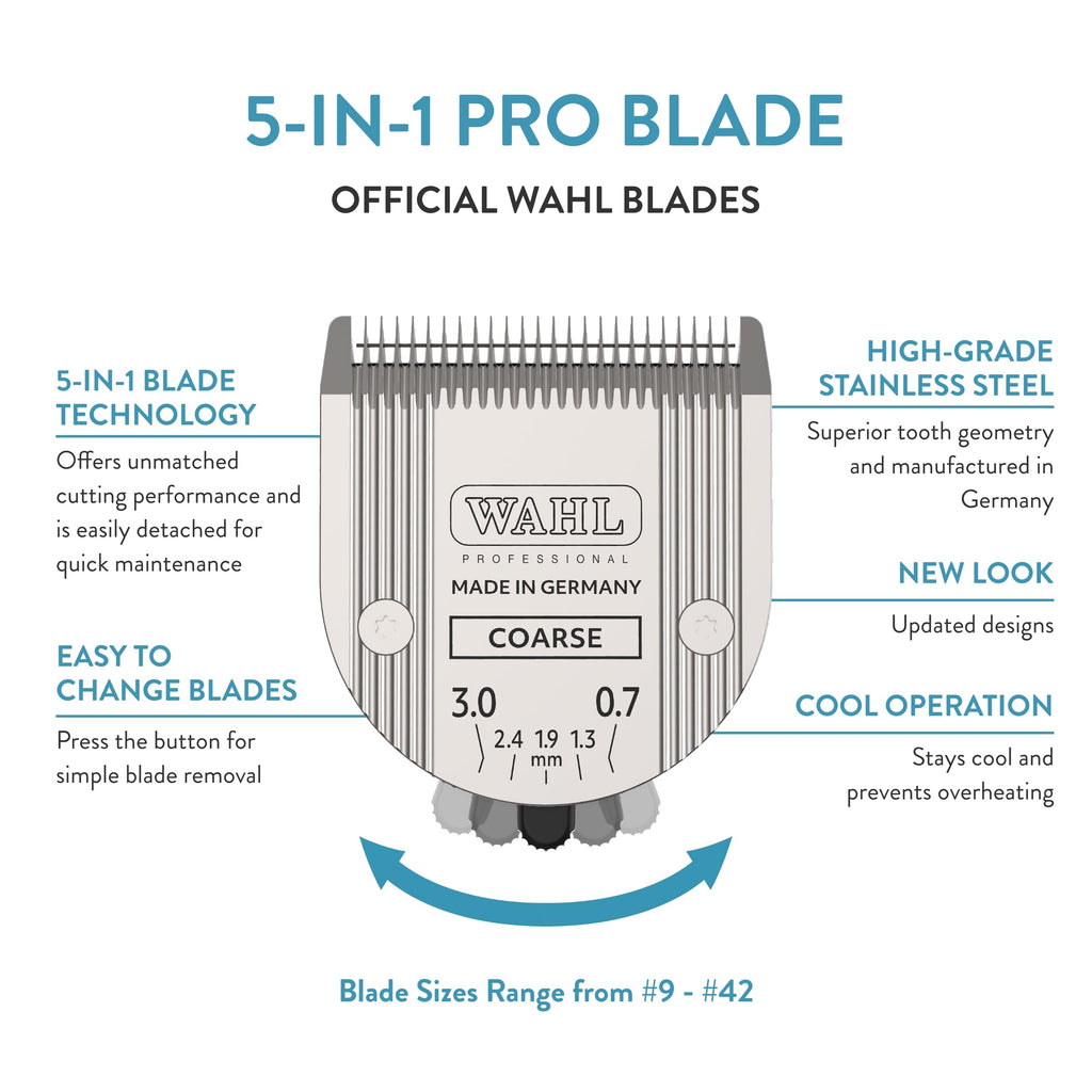 WAHL Professional Animal 5-in-1 Adjustable Blade Arco, Bravura, Chromado, Creativa, Figura, and Motion Pet, Dog, and Horse Clippers - Coarse (2179-401)
