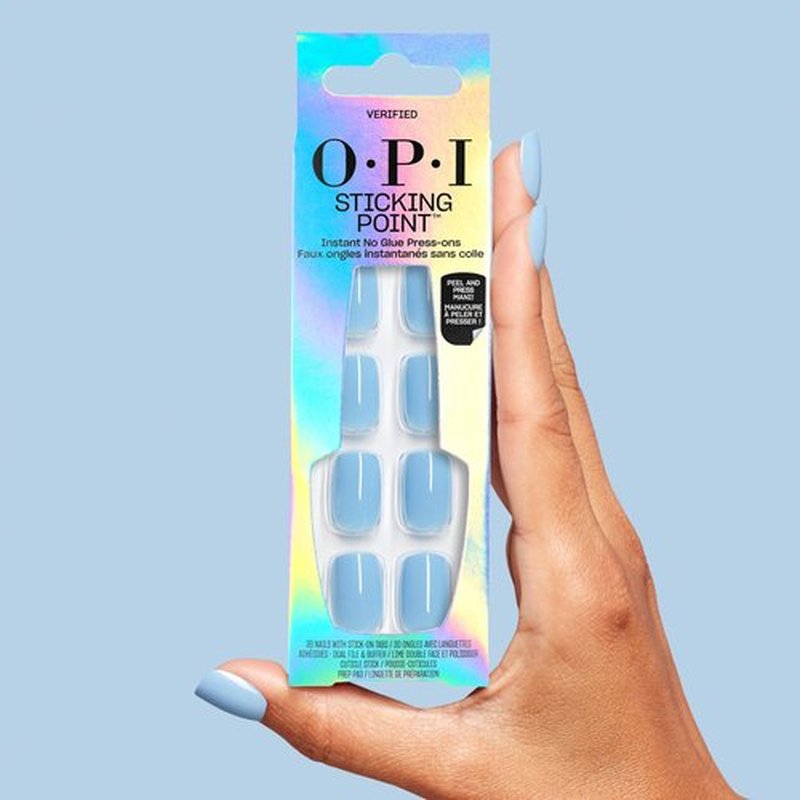 OPI Sticking Point Verified | Short Squoval Opaque Cool Blue Instant No Glue Press On Nails | 30 Count with Adhesive Tabs | Damage-Free Wear | Spring 2026