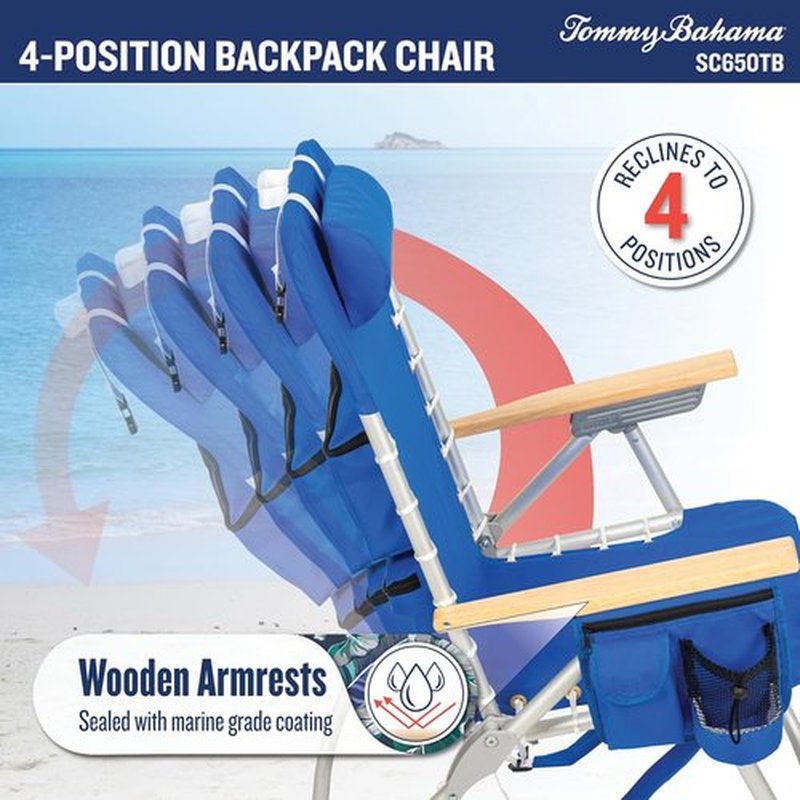 Tommy Bahama Folding Beach Backpack Chair - 4-Position Lace-Up Suspension - 17" Seat Height