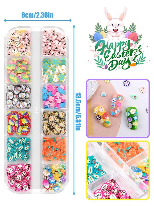 24 Grid Easter Nail Art Glitter Sequins, Kalolary Easter 3D Nail Art Glitter Stickers Decals Nail Art Supplie Mixed Shapes Cute Eggs Rabbits Carrot for Women Nail Art Decor and DIY Craft