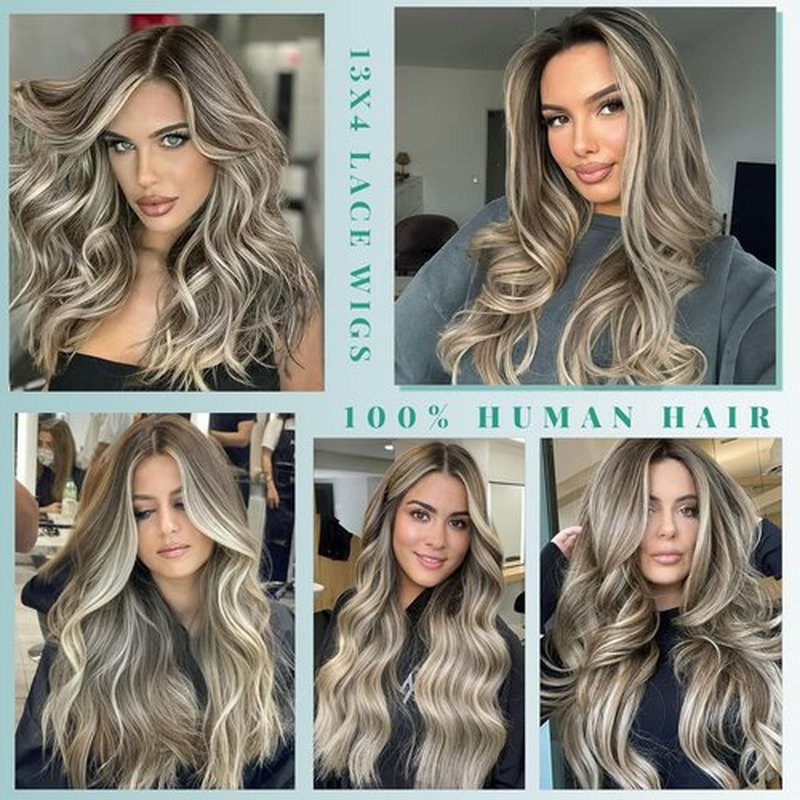 Munx Ombre Highlight Ash Blonde Lace Front Wigs Human Hair, 13x6 HD Straight Lace Front Wigs Pre Plucked Balayage Glueless 180% Density Full Ends Wig Brown Roots Highlighted Human Hair Wig 20"