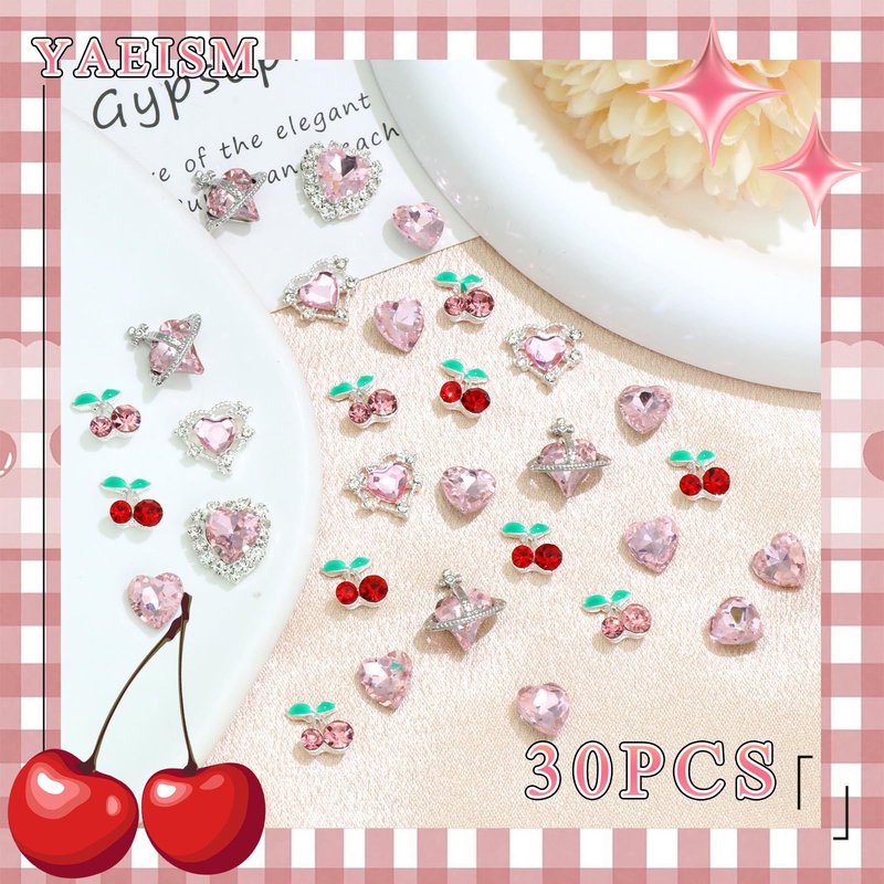 YAEISM 30PCS Pink Heart Nail Charms 4 Types Crystal Nails Gems 2 Color Shiny Cherry Nail Charms Luxury Nail Rhinestones for Women Nail Art and DIY Crafts Decoration