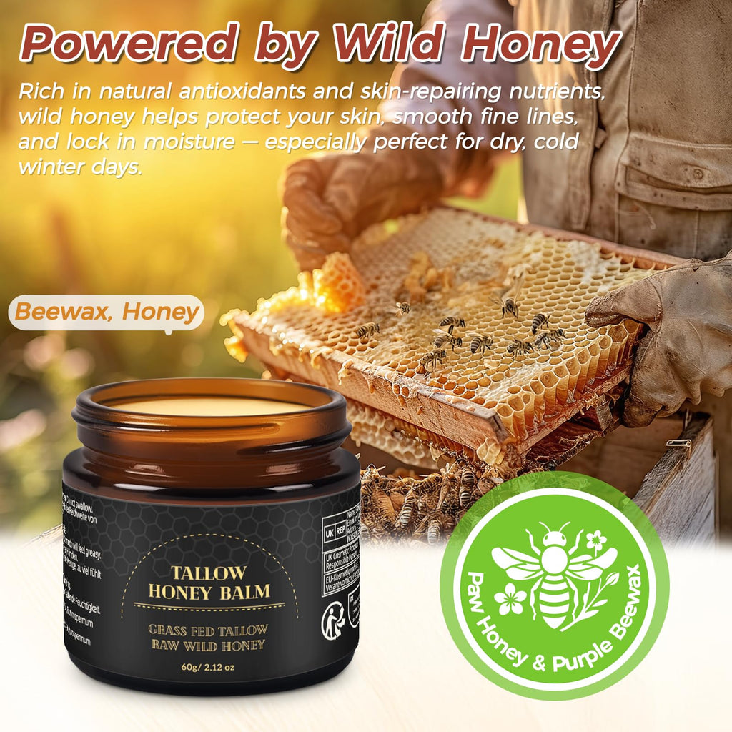 Mokasakiso Beef Tallow for Skin,Tallow and Honey Balm,Organic Grass-Fed Beef Tallow Balm with Honey, Face and Body Moisturizer(60g)