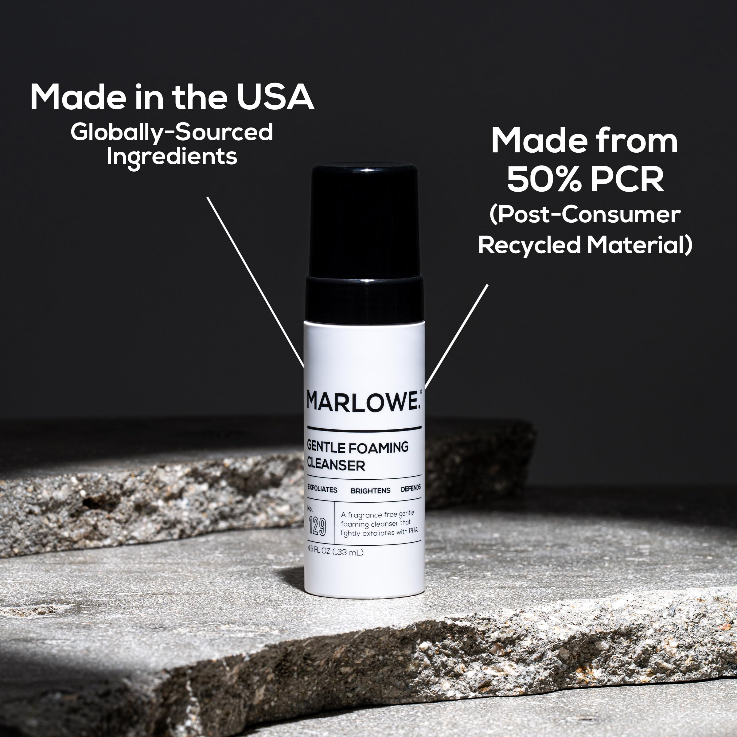 MARLOWE. Gentle Foaming Facial Cleanser, 4.5 oz, Exfoliating & Brightening Mens Face Wash, Removes Dirt, Oil & Impurities, Clean, Vegan Formula, PHA, Green Tea Extracts & Antioxidants, Fragrance Free