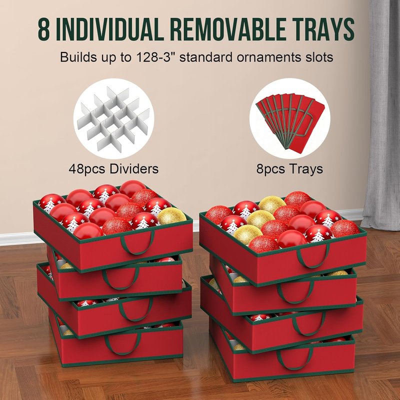 Christmas Ornament Storage Box - Store 128 Ornaments | Dual Zipper Closure & Adjustable Dividers