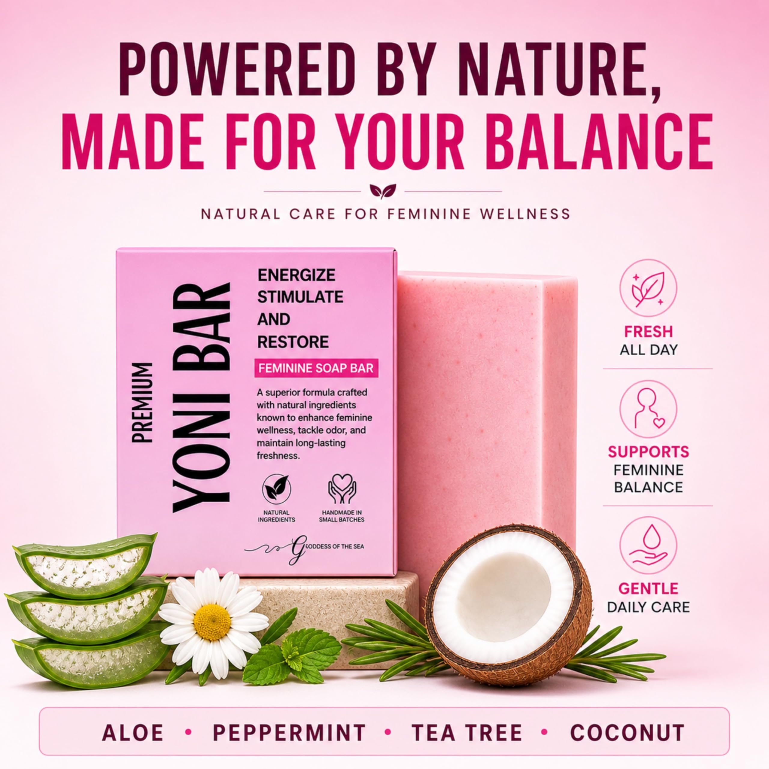 Premium Yoni – Natural Feminine Care Soap for pH Balance, Odor Control & Hydration | Organic Herbal Ingredients | Gentle Yet Effective for Daily Intimate Hygiene | Handmade & Vegan (3oz)