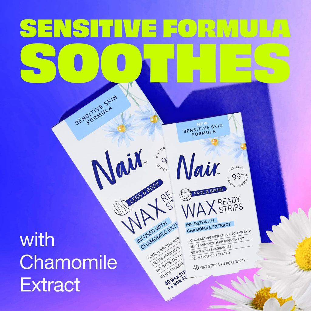 Nair Sensitive Hair Remover Mess-Free Wax Ready Strips, Legs and Body Easy Hair Removal Wax Strips for Sensitive Skin, Chamomile Extract, Dermatologist Tested, Plus 6 Post Wipes, 40 Count (Pack of 2)