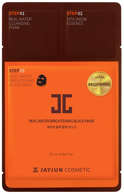 JAYJUN Real Water Brightening Black Mask, Pack of 10 Sheets, 25ml, 0.84 fl. oz., Brightening, Hydrating, Sheet Mask, 3 Step