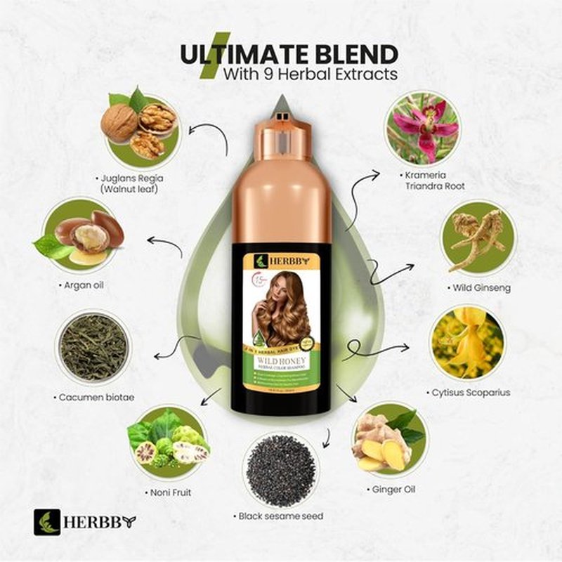 HERBBY Hair Color Shampoo - Gray Hair Coverage & Color Transformation with 9 Herbal Extracts | Long Lasting (6-8 Weeks), Shiny Wild Honey Color, 500 ml