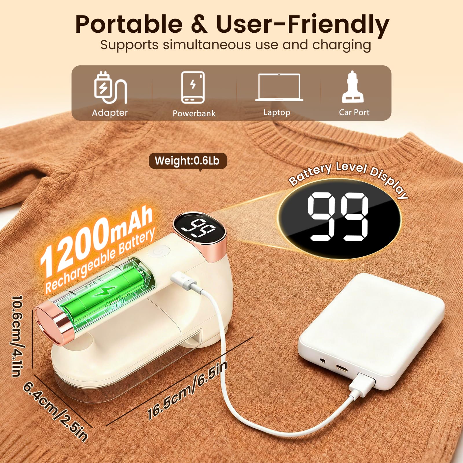 Poputra Fabric Shaver, Lint Shaver with Lint Brush, 3-Speed Sweater Shaver to Remove Pilling for Clothing, 6 Leaf Blade, LED Display, Electric Lint Remover for Furniture, Blanket, Couch (Beige)
