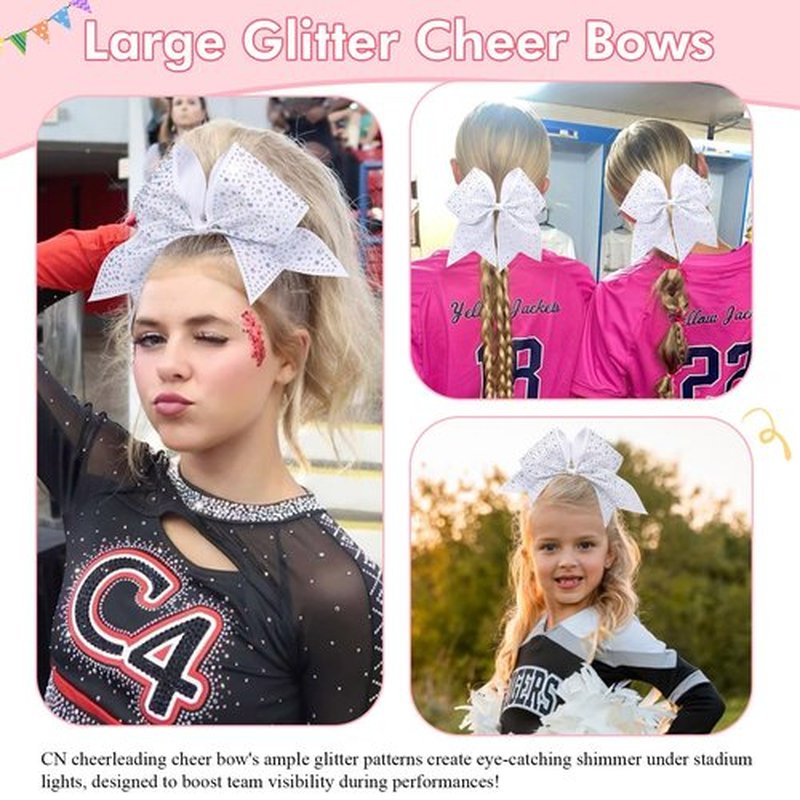 CN 10PCS Rhinestones Cheer Bows for Cheerleaders, White Glitter Hair Bows for Girls Large Elastic Ponytail Holder, Hair Accessories for Women Teens for Softball Competition School Spirit