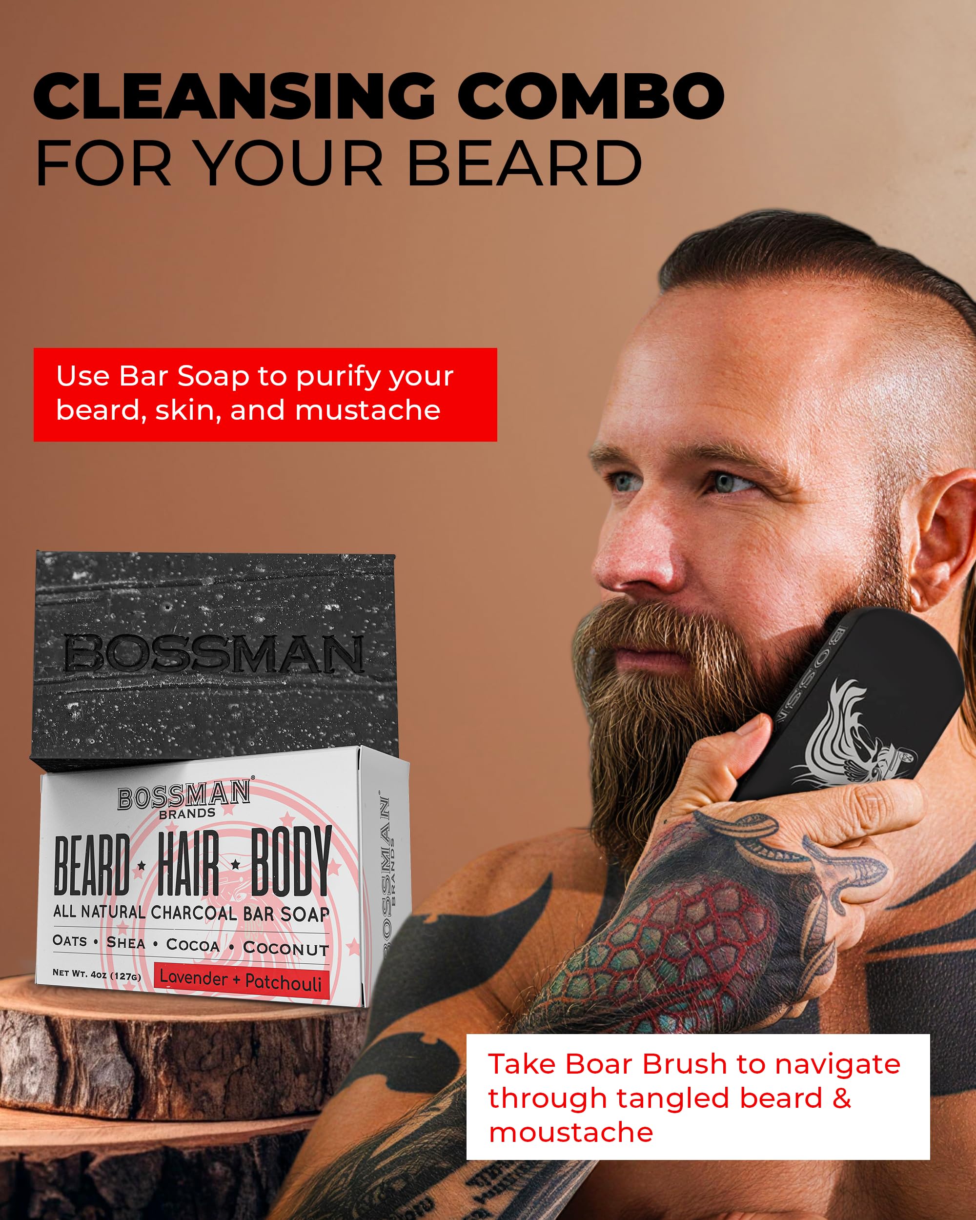 Bossman Big Boss Beard Care Kit for Men - Dad Gifts for Fathers Day, 7 Piece Beard Grooming Kit with Jelly Beard Oil, Beard Conditioner, Beard Balm, MUDstache Wax, Bar Soap, Metal Comb, Brush - (Gold)
