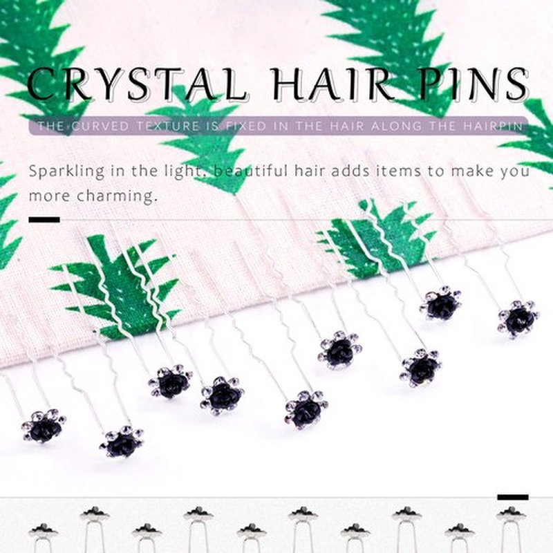 Swpeet 40Pcs Black U-Shaped Crystal Hair Pins Rose Flower Rhinestone Hair Clips Hair Accessories for Bridal Wedding Women Hair Jewelry Accessories, with Storage Bag