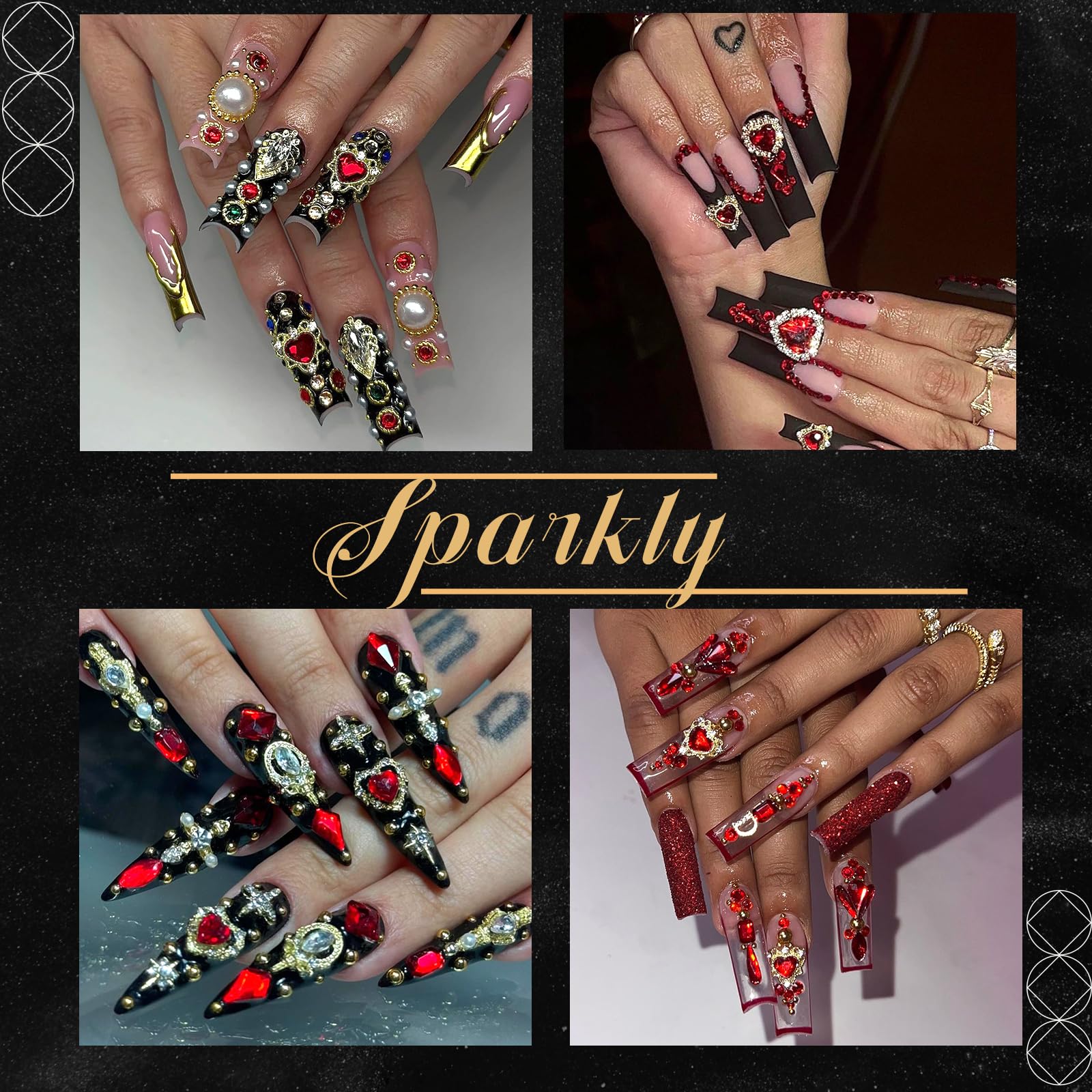 YAEISM Gold Nail Charms 100pcs - 7 Styles Red Bow, Crystal Cherry, Heart, Sparkly Crown, Bowknot Art Gems Rhinestones for Women and Girls