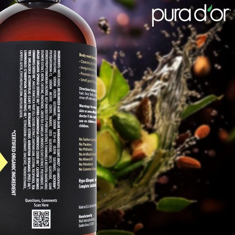 PURA D'OR 24 Oz 8-in-1 Hair & Body Cleanser For Men – Sulfate-Free, Multi-Use Wash for Hair, Face, Beard & Body, with Organic Aloe Vera, Cedarwood & Lemongrass, Energizing & Deodorizing Formula