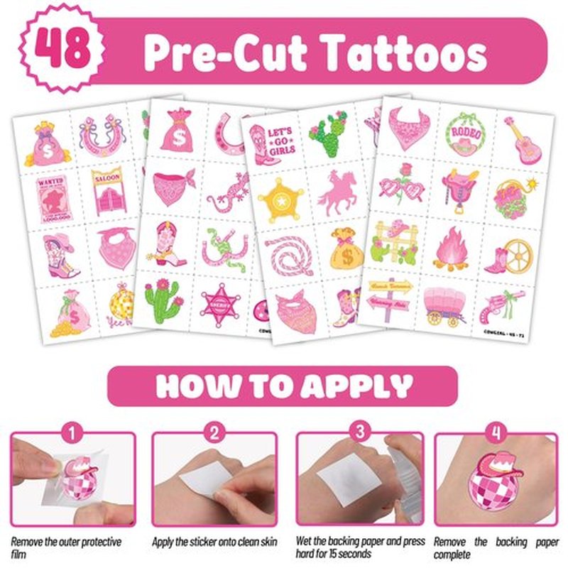 72PCS Western Cowgirl Party Set - 48PCS Temporary Tattoos & 24PCS Slap Bracelets - Rodeo-Themed Birthday Supplies, Baby Shower Gifts, Classroom Rewards & Party Decor for Girls
