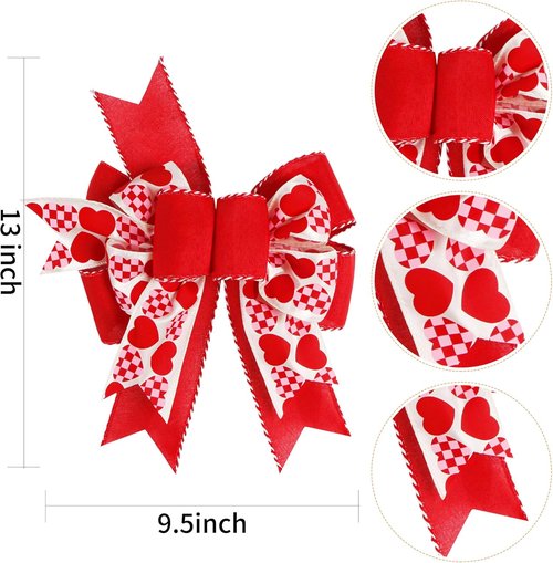 SIMISI Ribbon Burlap Wired Valentine Bow - Red Heart Print for Wreaths & Wedding Decor | 9.5 x 13 Inch
