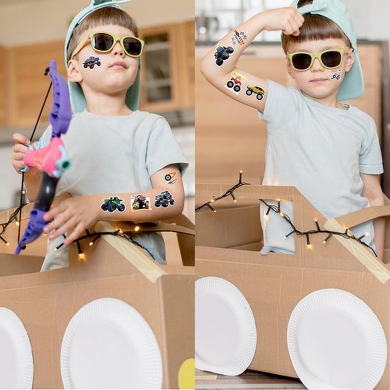 96PCS Monster Truck Pre-Cut Temporary Tattoos for Kids - Super Cute Birthday Party Supplies, Favors, and Decorations - Fake Tattoos Stickers for Boys, School Rewards, and Gifts (Glow in the dark)