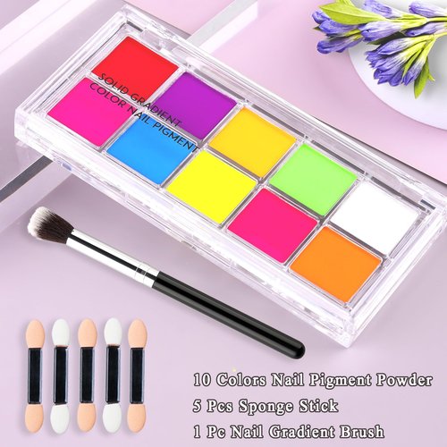 FSpronail Neon Nail Pigment Set 10 Colors Ombre Nail Powder Solid Fluorescent Pigment Gradient Nail Design Extra Fine Glitter Summer Neon Nail Art Manicure Beginners - Includes 5 Sponge Sticks 1 Brush