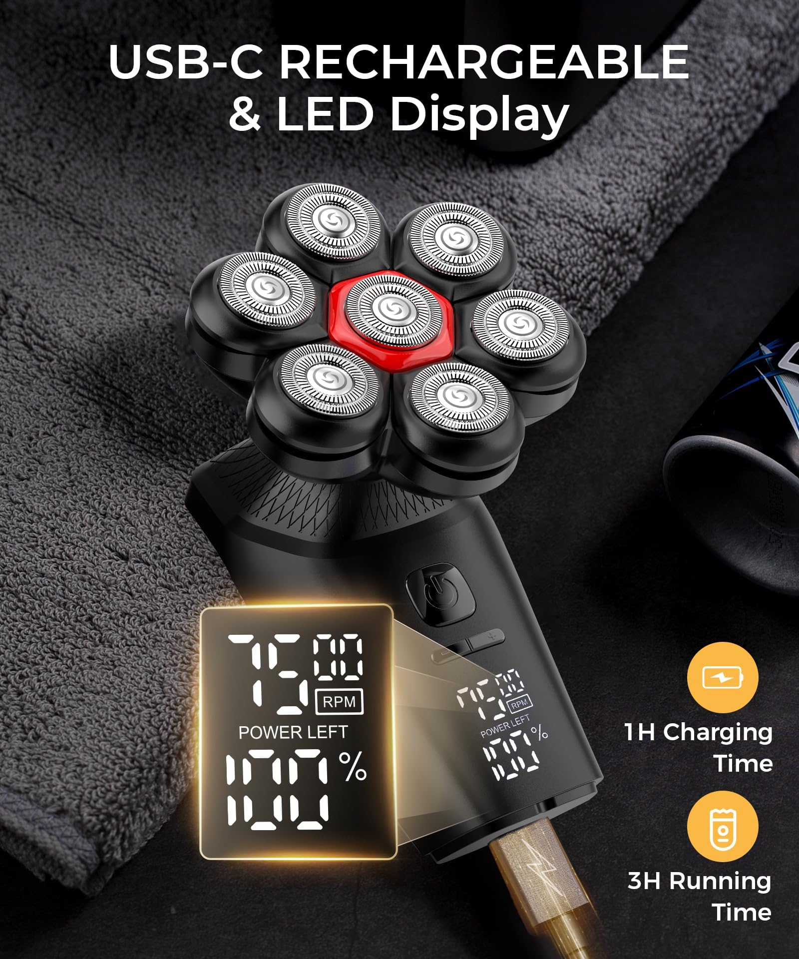 Head Shavers for Bald Men, 7D Head Shaver with LED Display, 3 Adjustable Modes, 10000 RPM High Speed Motor, IPX8 Waterproof, USB Fast Charging