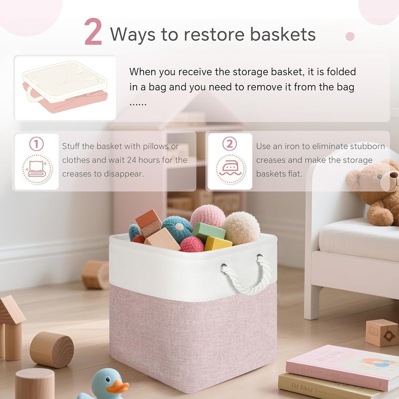 FinishingBo Cube Storage Bins - 6 Pack 11x11 Inch with Cotton Handles for Closet & Shelves | White/Pink