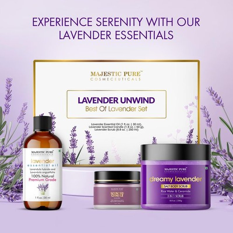 Majestic Pure Lavender Essential Oil & Body Scrub Set | 100% Pure & Natural Gift Set | Relaxing & Stress relief | pack of 3