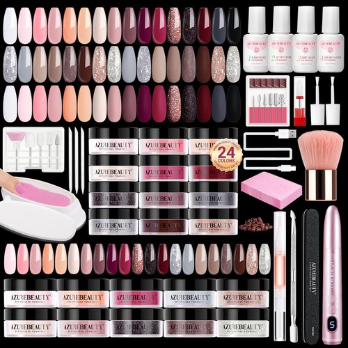 AZUREBEAUTY Dip Powder Nail Kit with Electric Nail Drill, 24 Colors Nude Pink Glitter Nail Powder Starter Kit with Dip Liquids Base Top Coat Activator Portable Manicure French Nail Art Essential Set