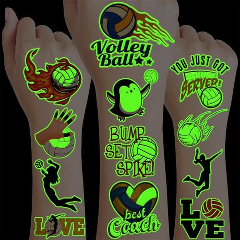 96PCS Cute Glow in the Dark Volleyball Temporary Tattoos Themed Birthday Party Decorations Supplies Favors Cool Funny Summer Beach Games Glow in The Dark Tattoo Stickers Gifts For Kids (Luminous)