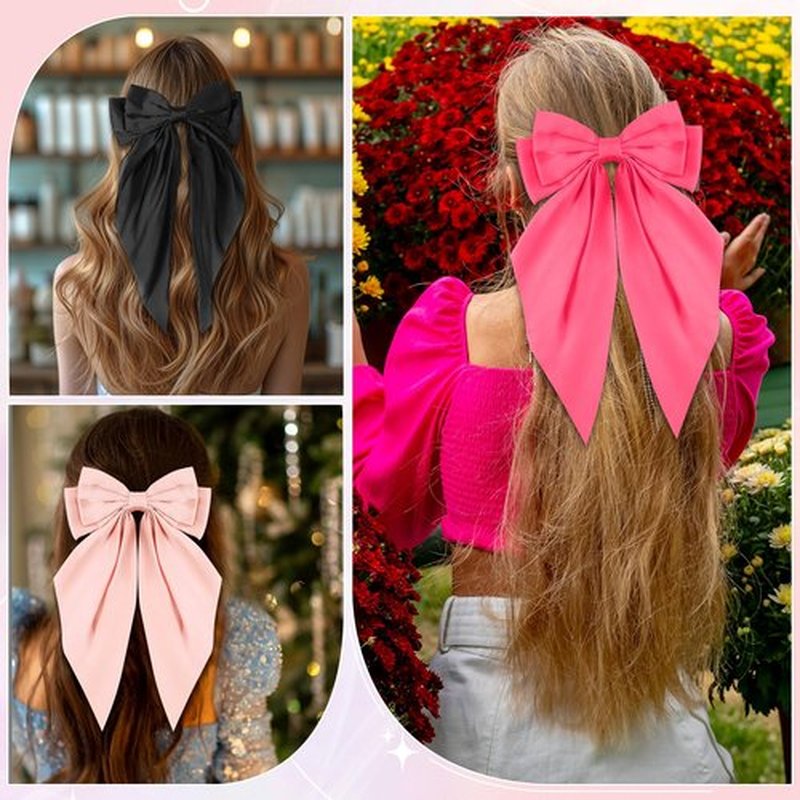 Hoteam 16 Pcs Silky Satin Hair Bows Bulk for Women Large Hair Ribbons Valentines Oversized Bows Galentines Long Tail Large Bow-knot Clips Accessories Gifts(Vibrant)