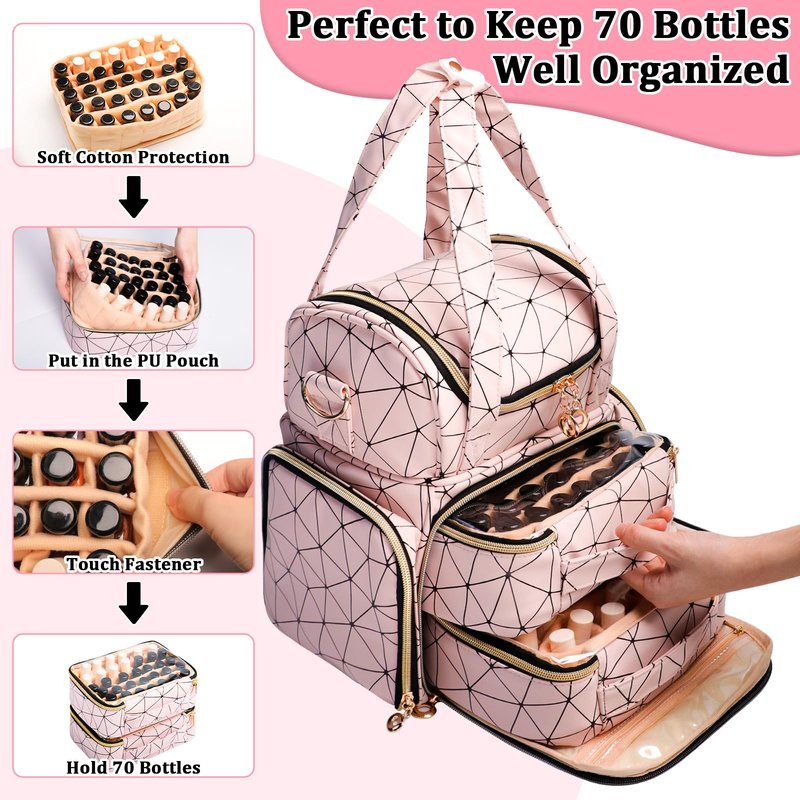 Veirdro Nail Polish Organizer Bag - PU Leather Shoulder Storage with 2 Removable Cases and Nail Lamp, Holds 70 Bottles - Portable Travel Backpack for Nail Tech Supplies (Pink)