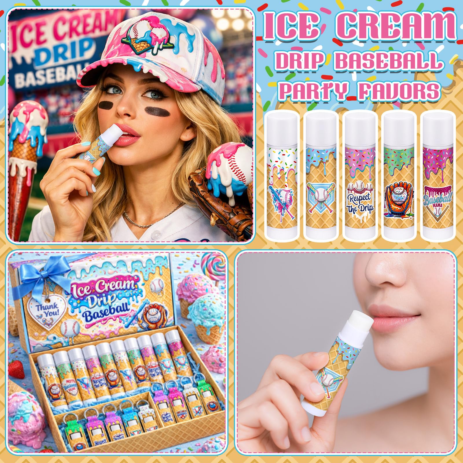 Siifert 100 Pcs/50 Set Ice Cream Baseball Drip Party Favor Gifts Bulk, Baseball Drip Lip Balms with Lipstick Holder Keychain Bags Favors for End of Season Sports Team Teen