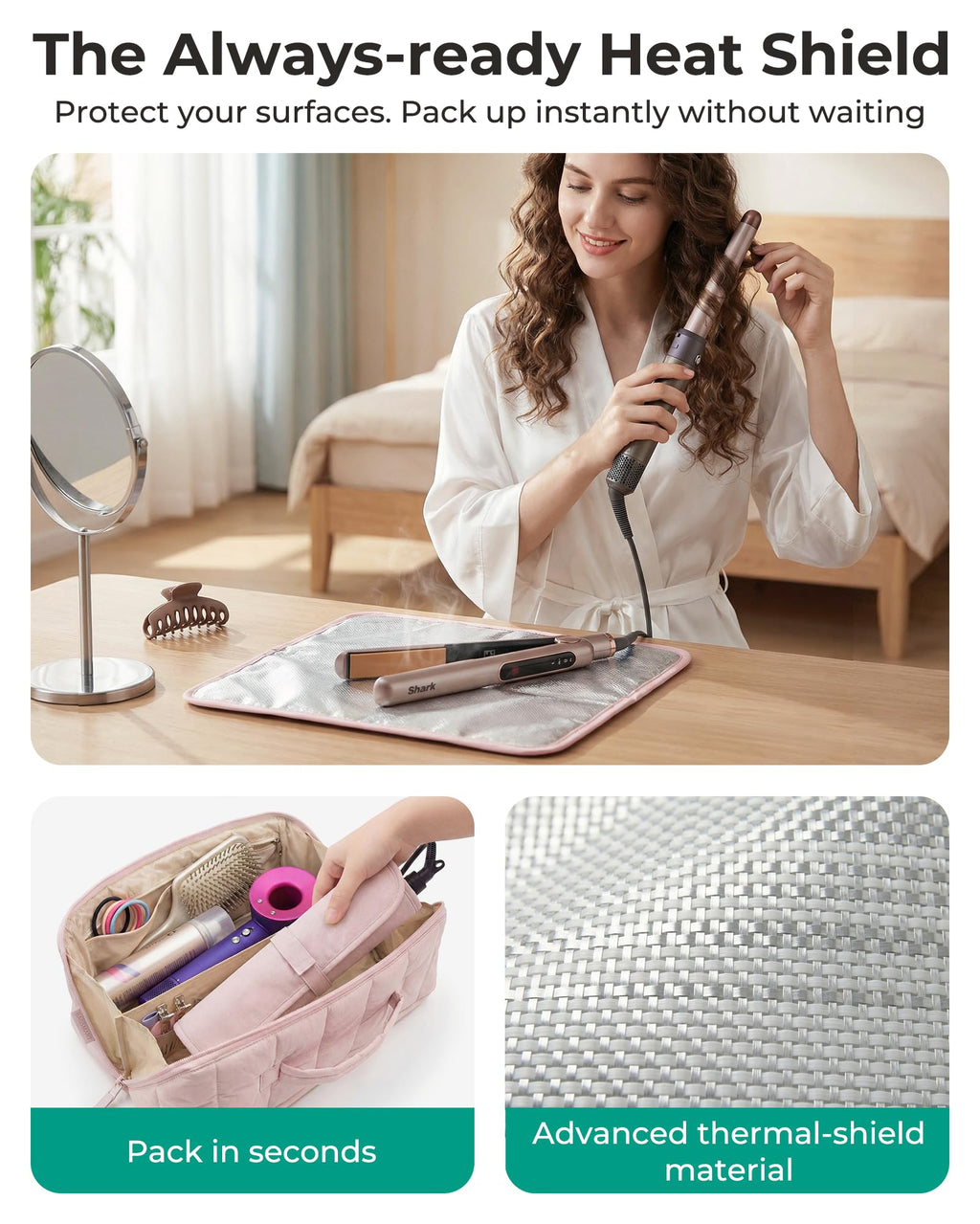 BAGSMART Hair Tool Organizer Travel Bag Compatible with Dyson Airwrap, Shark Hair Dryer, Wide-open Accessories Organizer with Heat Resistant Mat, Makeup Bag for Dyson Attachments, Curling Iron, Khaki