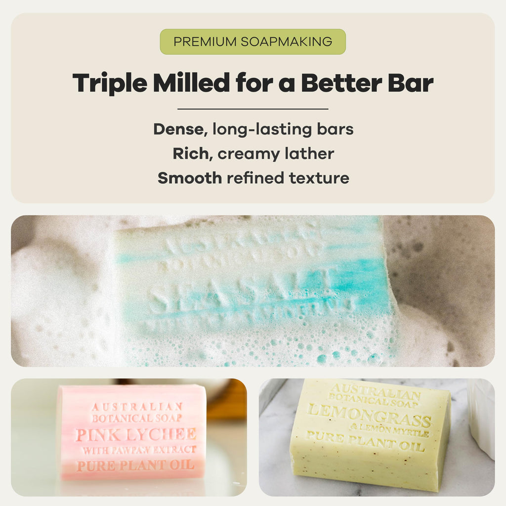 Australian Botanical Soap Vegan Friendly 4 Bar Variety Pack – Sea Salt, Lemongrass, Pink Lychee & Valencia Orange, Triple Milled 6.6 oz Bars with Shea Butter